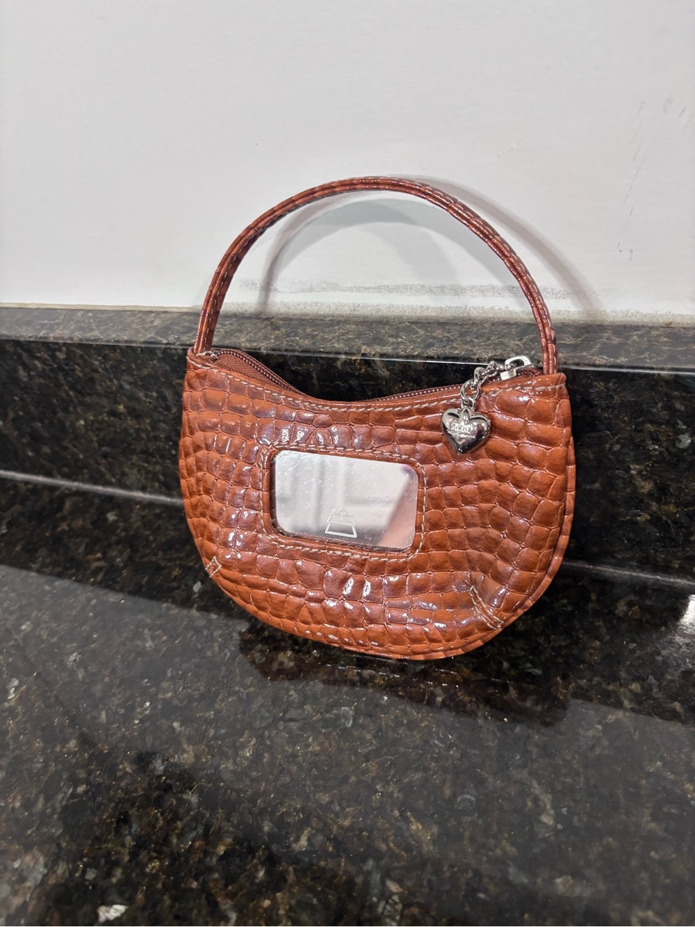 KATHY VAN ZEELAND Y2K Brown Mini Clutch w/Attached Mirror and Keyring